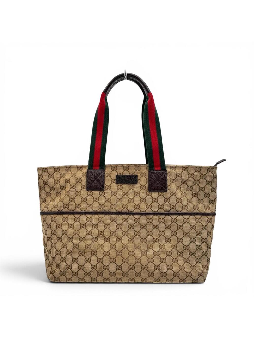 Gucci GG Canvas Web Tote Bag Brown Beige